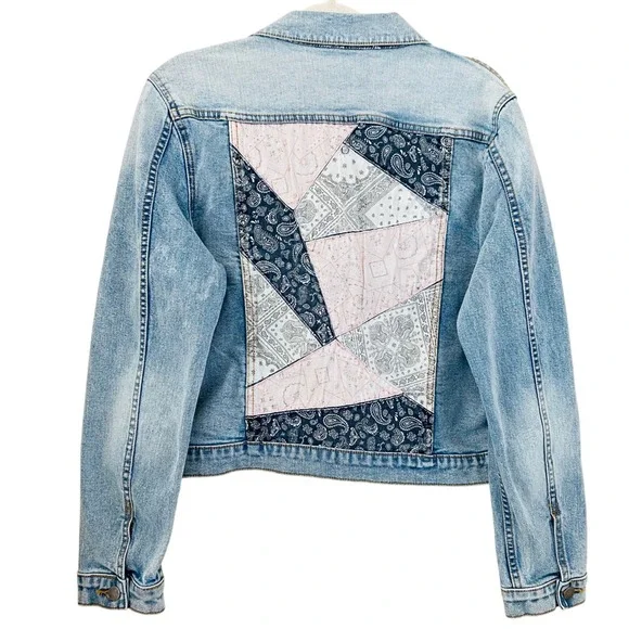 Free People X Driftwood NWT Patchwork Blue & Pink Denim Jean Jacket Size Large - Picture 5 of 11